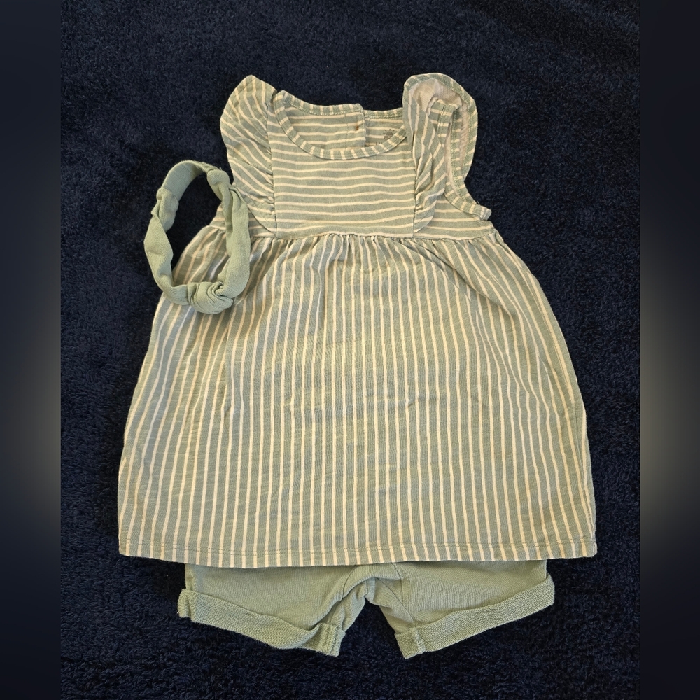 Striped Green Baby Dress with Headband and Shorts